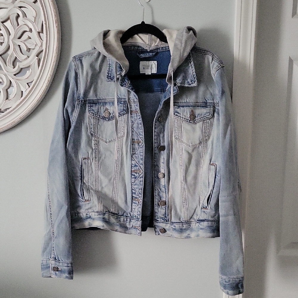 Market & Spruce Blue Denim Jacket with Gray Hood